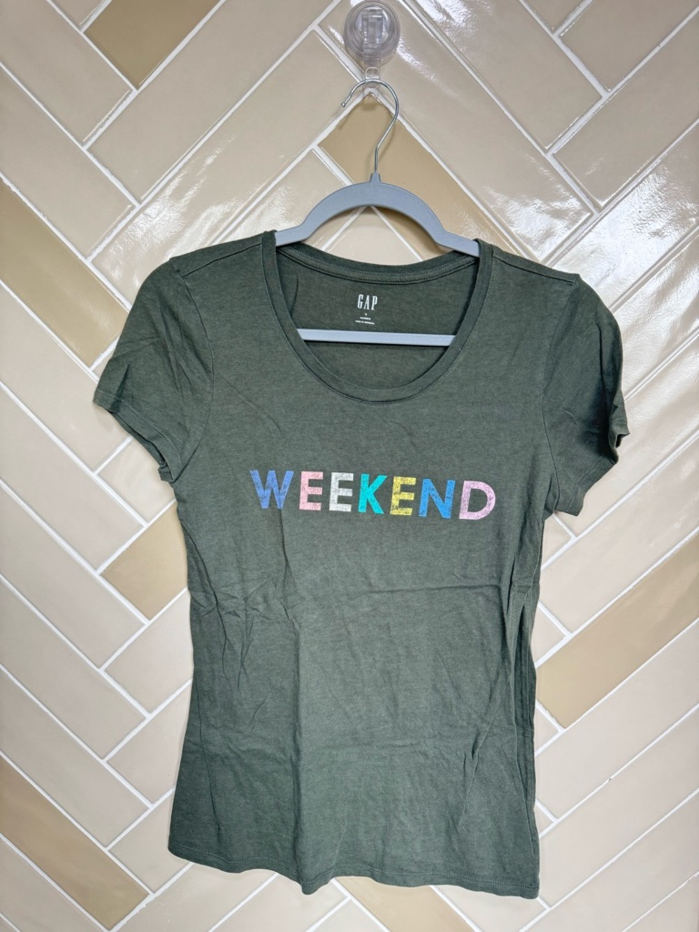 GAP Olive Green Tee with Multicolor WEEKEND Lettering
